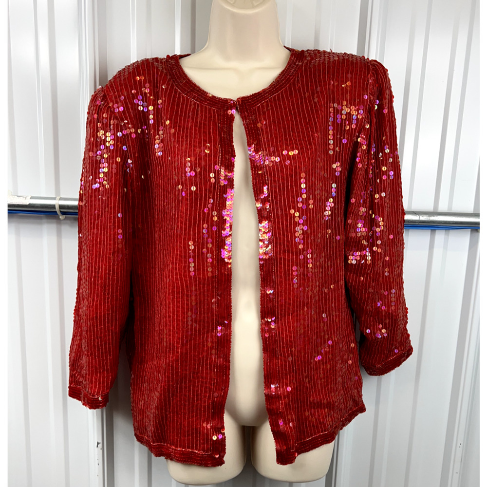 VTG Sweelo Kazar 100% Silk Linked Beaded Sequin Jacket Red Pink small glam Swift